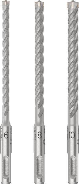 Drei graue Bohrer mit unterschiedlichen Durchmessern (6 mm, 8 mm, 10 mm), jeweils mit spiralförmigem Schaft, auf hellem Hintergrund.