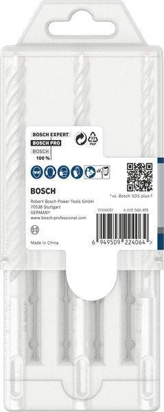 Set mit drei Bosch-Bohrern im Kunststoffgehäuse. Geeignet für Beton und Mauerwerk. Made in China. Firmenadresse: Robert Bosch Power Tools GmbH, Stuttgart, Deutschland.