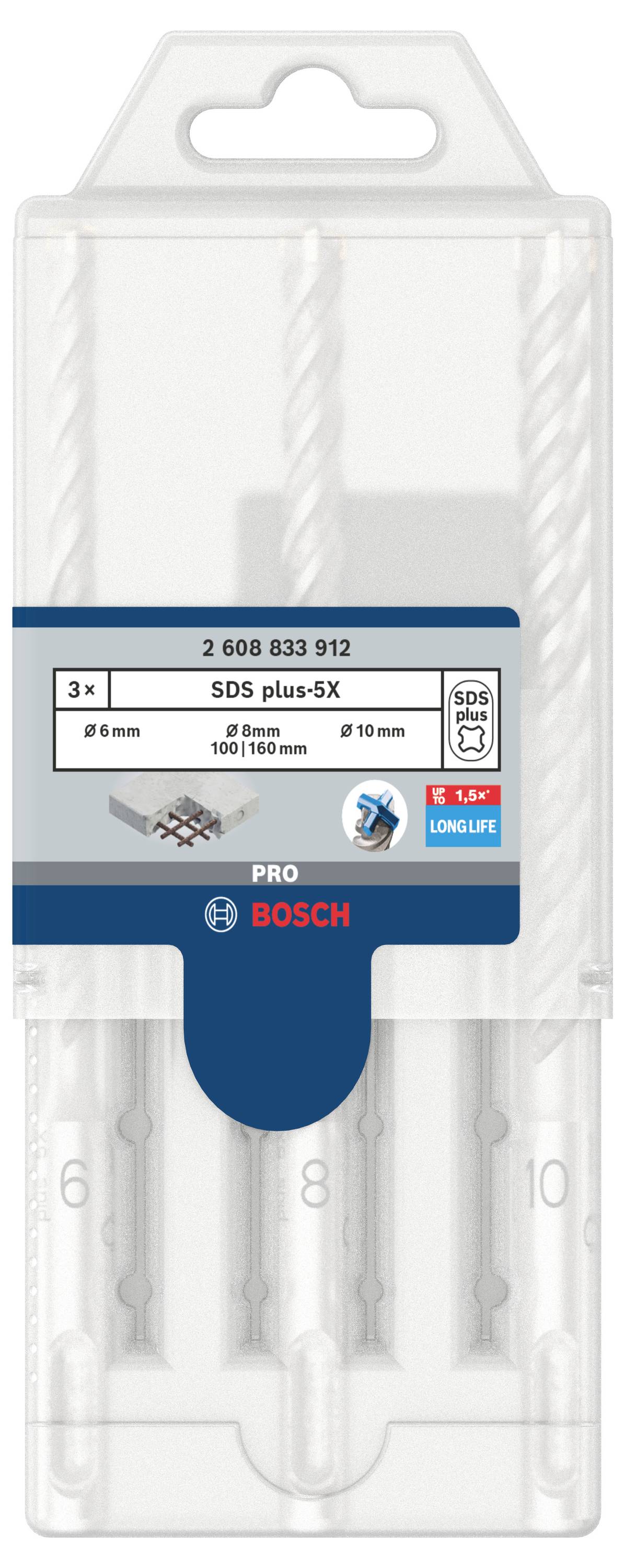 Bohrer-Set-Verpackung von Bosch, 'SDS plus-5X', enthält 3 Bohrer in verschiedenen Größen: 6 mm, 8 mm, 10 mm.