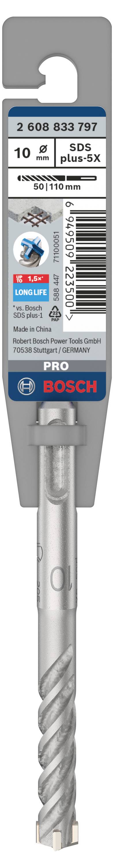 Bohrer von Bosch, Modell SDS plus-5X, Durchmesser 10 mm, Länge 100 mm. Verpackung zeigt Logo und Produktinformationen.