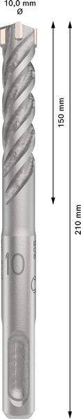 SDS-Bohrer mit 10 mm Durchmesser, 150 mm Arbeitslänge, 210 mm Gesamtlänge. Spiralgestaltung für effizienteres Bohren.