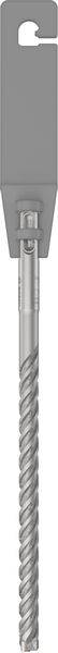 Ein grauer Bohrer mit einer spiralförmigen Spitze, geeignet für Betonbohrungen. Er besitzt einen Metallgriff und ist in einer Halterung.
