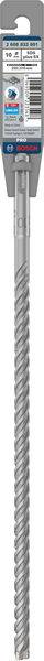 Ein grauer Spiralbohrer mit Kunststoffhülle oben. Oben sind Etiketten mit Strichcode und der Aufschrift 'SDS-Plus'.