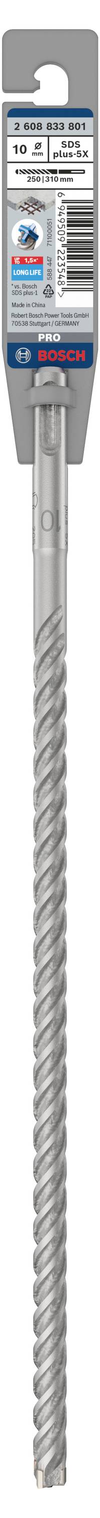 Bohrer mit Verpackung; Details über Größe und Typ auf dem Etikett. Hauptmaterial Metall mit spiralförmigem Design. Markenname oben.