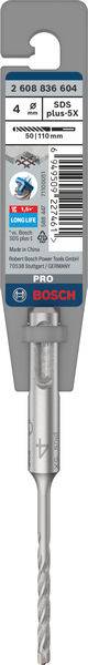Bohrer von Bosch, Modellnummer 2 608 596 091, geeignet für Beton, 5 mm Durchmesser, 110 mm Länge. Verpackung in Grau und Blau.