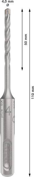 Ein grauer Bohrer mit einem Durchmesser von 4 mm und einer Gesamtlänge von 160 mm wird vertikal abgebildet.
