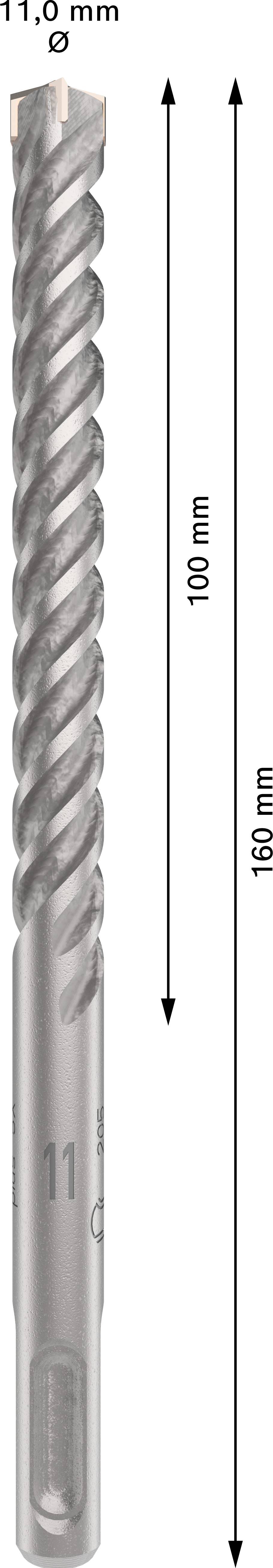 Bohrer mit einem Durchmesser von 11,0 mm und einer Gesamtlänge von 160 mm. Der Arbeitsbereich beträgt 100 mm.