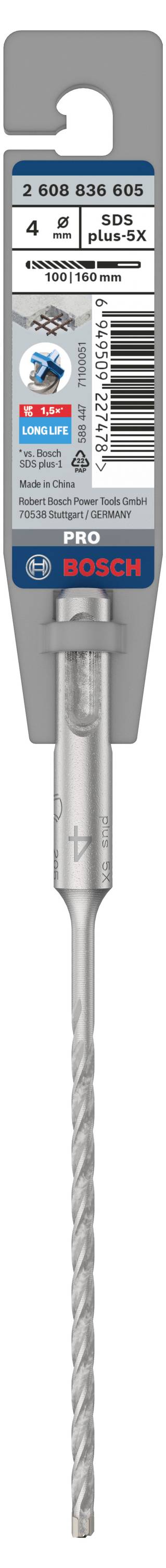 Bohrer von Bosch in Verpackung. Geeignet für Beton, Mauerwerk, Naturstein. SDS-plus, Durchmesser 4 mm, Länge 75 mm.