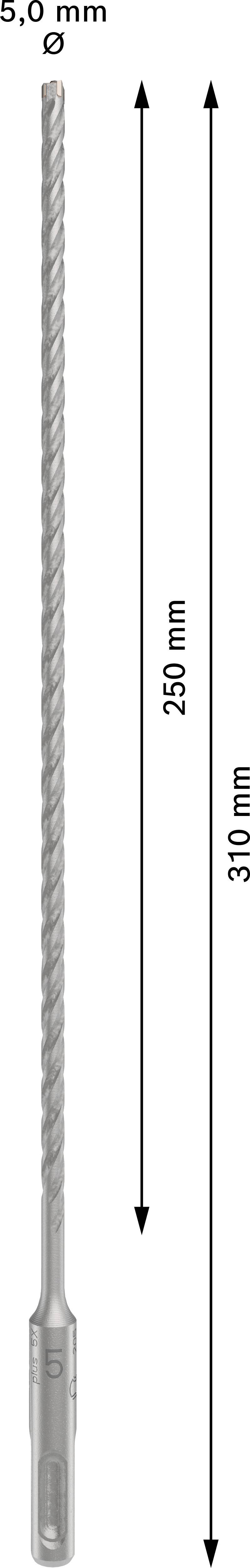 Langer Bohrer mit Ø 5,0 mm, Länge 310 mm, verwendbar für tiefere Bohrungen.