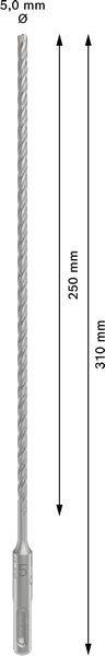 Langer Bohrer mit einem Durchmesser von 5,0 mm und einer Länge von 310 mm, davon 250 mm nutzbare Länge.
