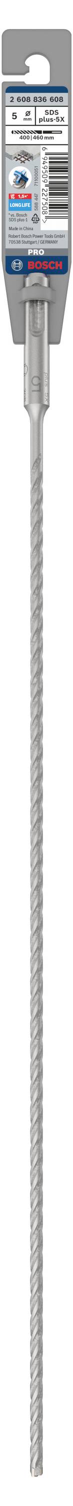 Ein silberner Bohrer mit einem Etikett oben. Das Etikett zeigt Produktinformationen und ist hauptsächlich in Blau und Weiß gehalten.