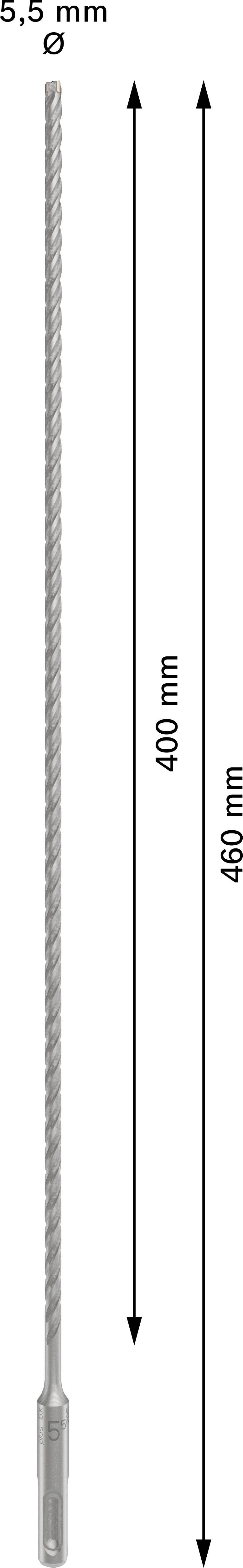 'Bohrer: 5,5 mm ø, Länge 400 mm.' Ein langer Bohrer mit Durchmesser- und Längenangabe, vertikale Ausrichtung.