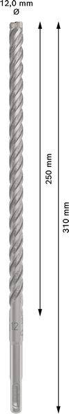 Bohrer mit spiralförmigem Design, 12,0 mm Durchmesser, 310 mm Länge, 250 mm nutzbare Länge. Geeignet für präzise Bohrarbeiten.