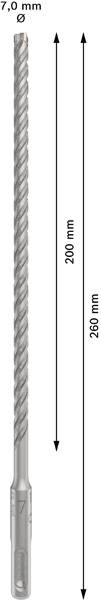 Bohrer mit 7,0 mm Durchmesser, 260 mm Gesamtlänge, 200 mm Arbeitslänge. Drehrichtungen mit Pfeilen dargestellt.
