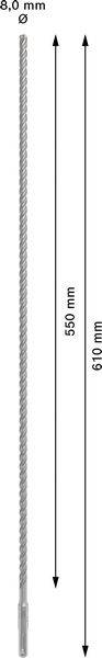 Stahlstab mit einem Durchmesser von 8,0 mm und einer Länge von 610 mm. Die Spirallänge beträgt 150 mm.