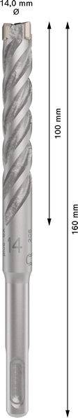 Bohrer zeigt Maße: Gesamtlänge 160 mm, Arbeitslänge 100 mm, Durchmesser 14 mm.