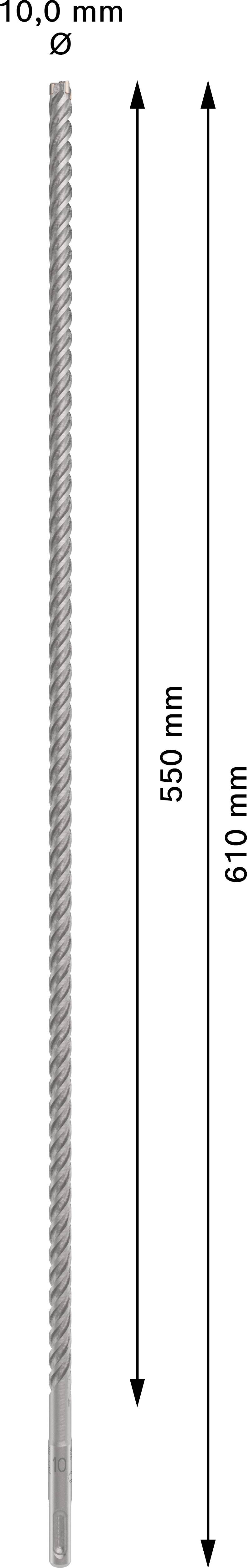 Das Bild zeigt eine metallische Stange mit einer Dicke von 10 mm und einer Gesamtlänge von 610 mm, mit einem markierten Abschnitt von 500 mm.