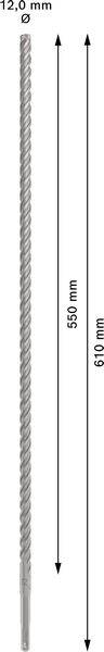 Ein Bohrer mit einem Durchmesser von 12,0 mm und einer Länge von 610 mm. Der nutzbare Bohrbereich beträgt 455 mm.