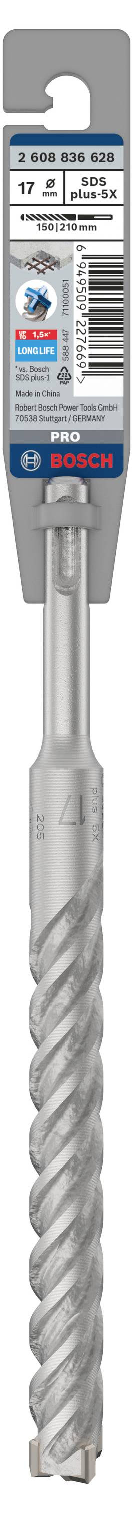 Bohrer von Bosch mit 'SDS plus 7X', 17 mm. Verpackung zeigt Details wie Barcode und Herstellerlogo.
