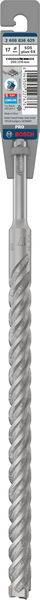 Ein langer, grauer Betonbohrer mit spiralförmigen Rillen und einem Etikett am oberen Ende, das Produktinformationen enthält.
