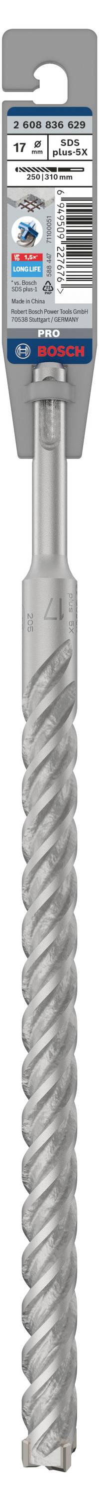 Ein silberner Bohrer in Verpackung, geeignet für Beton. Zeigt Marke und Größe. Verpackung enthält Informationen und Barcode oben.