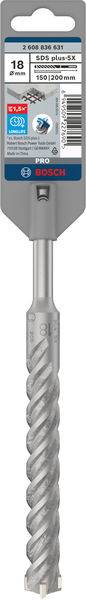 Mauerwerkbohrer von Bosch, Durchmesser 18mm, geeignet für Beton. Hochleistungsbohrer mit grauer spiralförmiger Schneide.