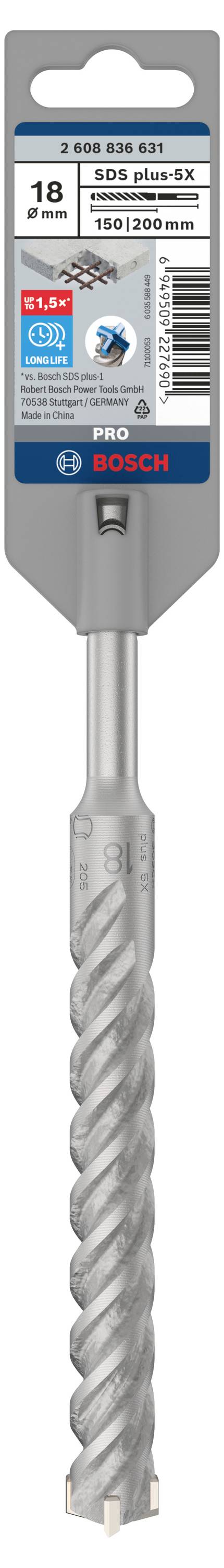 Bohrer von Bosch für Beton und Mauerwerk, 18x200 mm, SDS plus 5X, graue Verpackung, Produktverpackung und Name sichtbar.