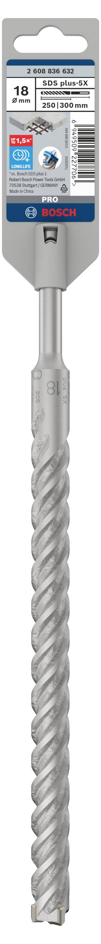 SDS-max Hammerbohrer von Bosch mit 18 mm Durchmesser. Geeignet für Betonbohrungen, dargestellt in Originalverpackung.