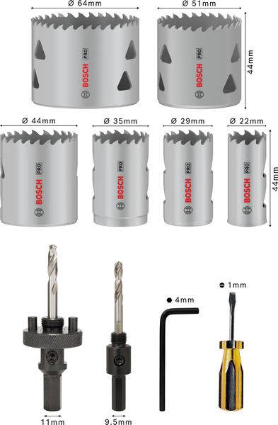 Satz von Bosch Lochsägen mit Durchmessern von 22 mm bis 64 mm, inklusive Bohrer und Sechskantschlüssel.