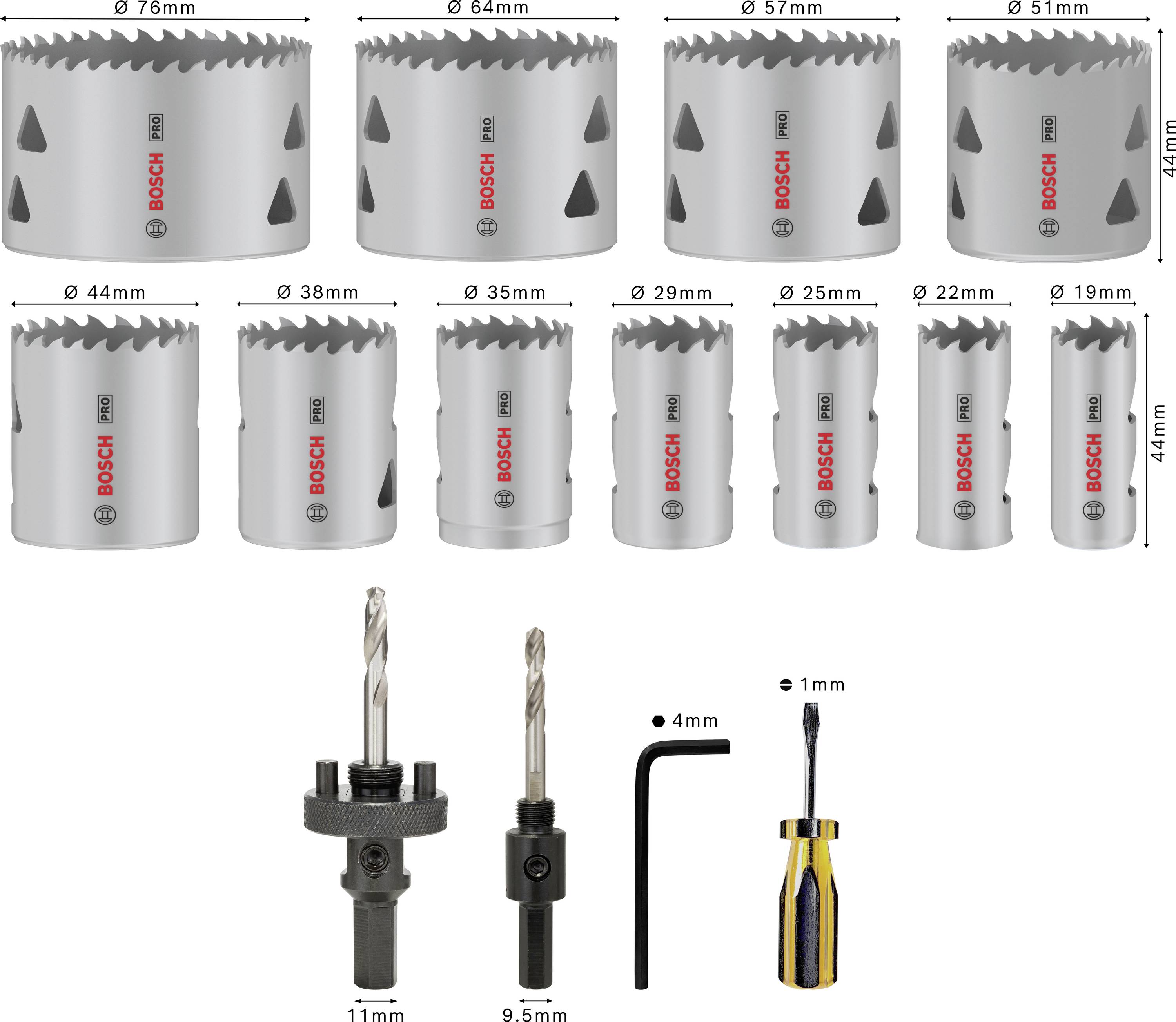 Bosch HM Lochsäge Set von 19 mm bis 76 mm mit Zubehör: zwei Bohrköpfe, ein Imbusschlüssel und ein Schraubendreher.