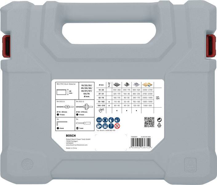 Grauer Bosch Koffer, Aufkleber mit Tabelle für Bohrergrößen und Materialien. Symbole zeigen kompatible Werkstoffe: Beton, Stahl, Holz.