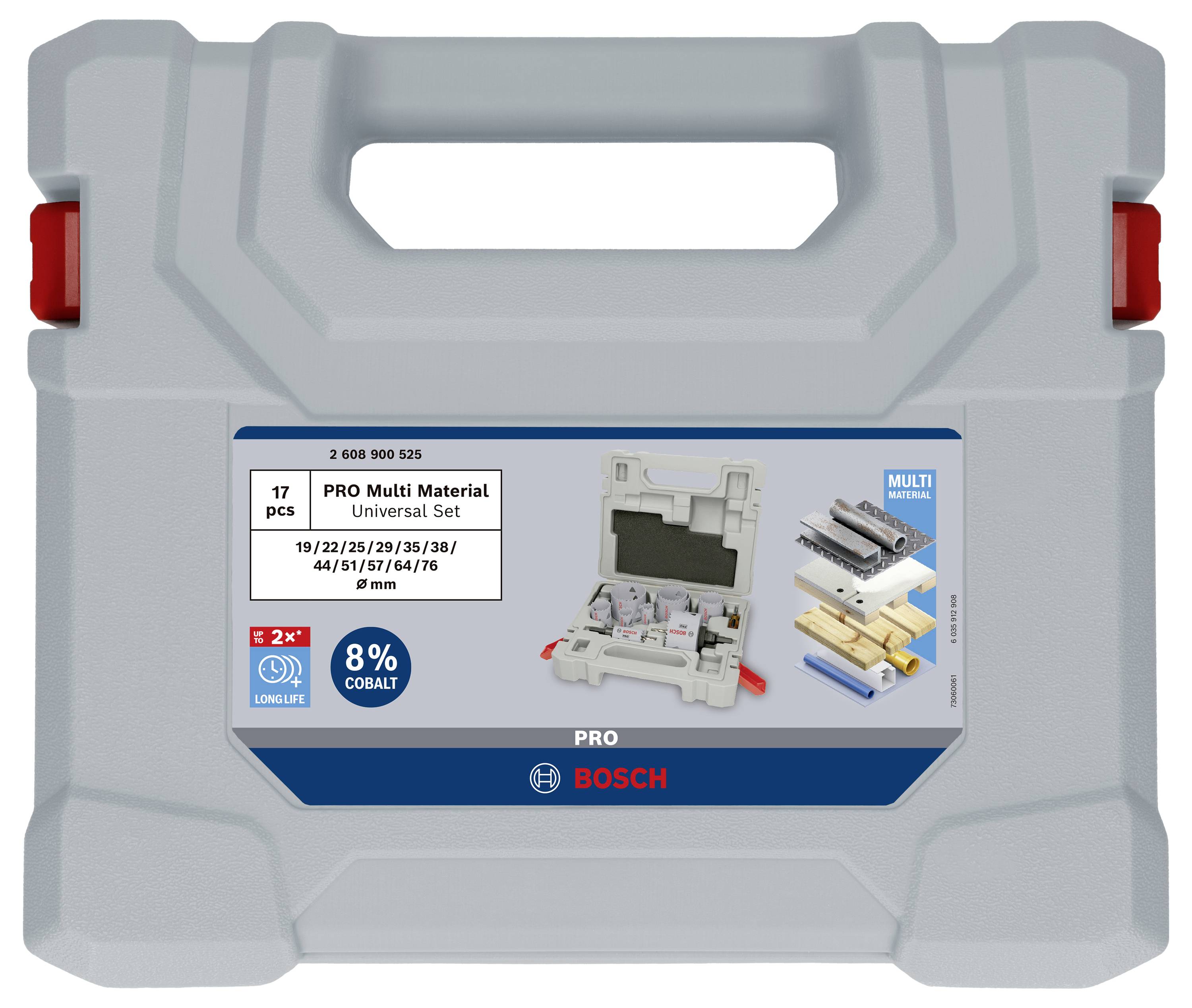 Tragekoffer mit 'PRO Multi Material Universal Set' von Bosch. Enthält 17 Teile, darunter Bohrer. Eignet sich für verschiedene Materialien.