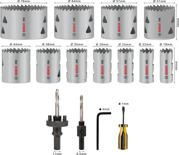 Zwölf Lochsägen in verschiedenen Größen, zwei Adapter, ein Bohreinsatz, ein Inbusschlüssel und ein Schraubenzieher, alle nebeneinander angeordnet.