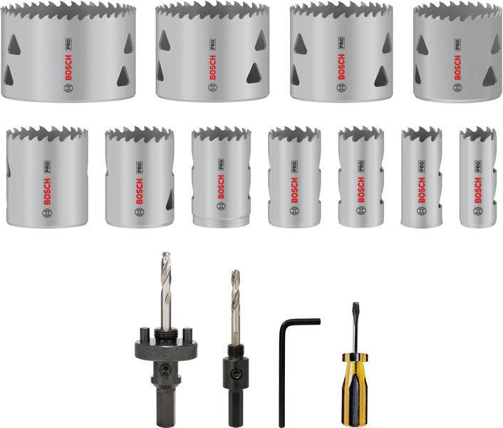 Ein Set von Bosch-Lochsägen in verschiedenen Größen mit Zubehör: zwei Bohrer, ein kleiner Schraubenschlüssel und ein Schraubendreher.