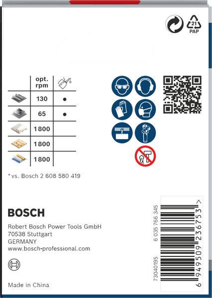Bedienungsanleitung für Bosch Werkzeug mit Symbolen für Schutzmaßnahmen wie Handschuhe und Schutzbrille. QR-Code, Kontaktadresse und Barcode enthalten.