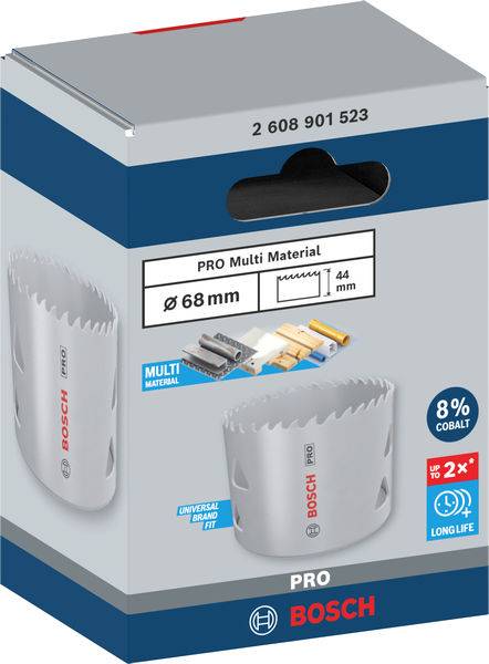 Eine Lochsäge von Bosch für 'Pro Multi Material', Durchmesser 68 mm, Tiefe 44 mm, 8 % Kobalt, geeignet für verschiedene Materialien.