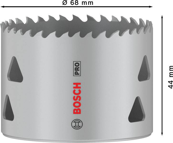 Metallsägekrone mit 68 mm Durchmesser und 44 mm Höhe, silber mit Bosch Pro-Logo.
