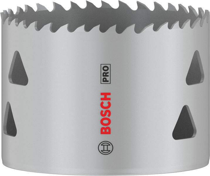 Metall-Lochsäge mit gezahntem Rand, geeignet für Bohren in verschiedenen Materialien. 'Bosch Pro' und Logo auf der Seite.