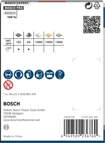 Verpackungsetikett eines Bosch-Produkts. Zeigt Kompatibilität mit verschiedenen Werkzeugtypen und Sicherheitswarnungen. Hergestellt in China.