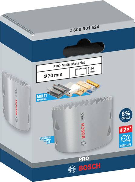 Verpackung einer Lochsäge von Bosch, 'Pro Multi Material', 70 mm Durchmesser, geeignet für verschiedene Materialien, 8% Kobaltanteil.