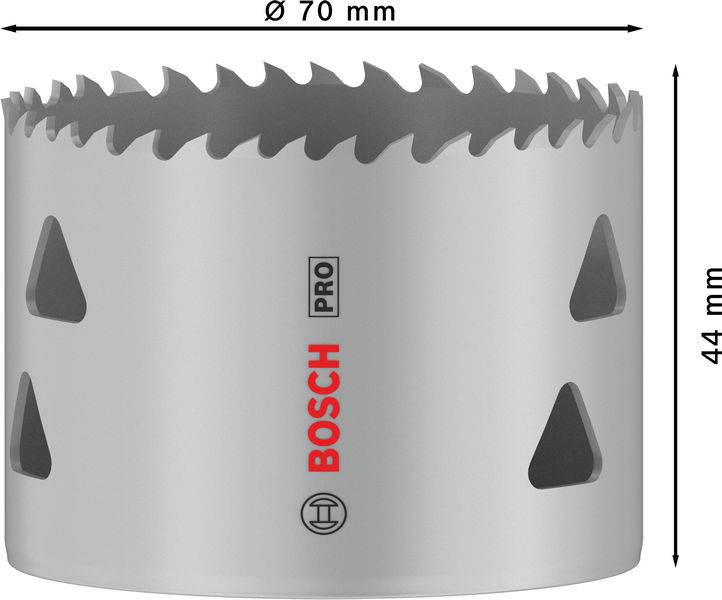 'Bosch Pro' Lochsäge mit Ø 70 mm und 44 mm Tiefe, gezahnte Kante für präzises Schneiden. Ideal für professionelle Anwendungen.