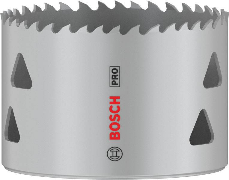 Metallsägekrone von BOSCH, zylindrische Form mit scharfen Zähnen am Rand. Silbernes Design mit rotem BOSCH-Logo sichtbar.