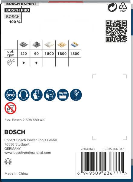 'Bosch Expert' Etikett für Metall-Bandsägeblätter mit Optionen für Umdrehungen pro Minute und Sicherheitswarnungen. Hergestellt in China.
