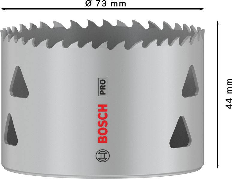 Lochsäge mit einem Durchmesser von 73 mm und einer Höhe von 44 mm, geeignet für professionelle Anwendungen. Markenname 'BOSCH PRO'.