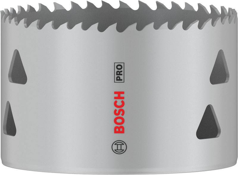 Bohrkrone aus Metall mit scharfen Zähnen, Marke Bosch, geeignet für professionelle Anwendungen beim Bohren von Löchern.