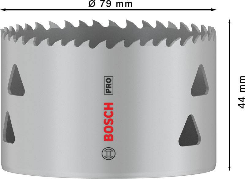 'Bosch Pro' Lochsäge mit Ø 79 mm und 44 mm Tiefe. Runde Form mit gezackten Rändern. Geeignet für präzises Bohren in Materialien.