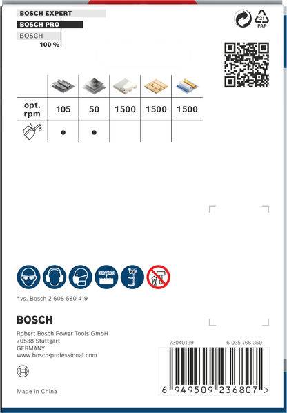 Rückseite einer Bosch-Produktverpackung mit Darstellung kompatibler Materialien und empfohlener Drehzahlen. Enthält Firmenadresse.