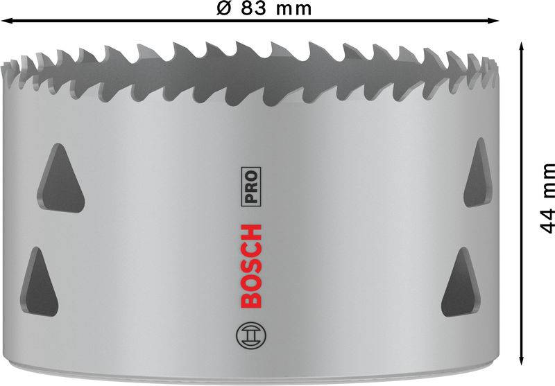 Lochsäge mit einem Durchmesser von 83 mm und einer Höhe von 44 mm, Marke Bosch Pro, mit gezackter Kante für präzises Bohren.