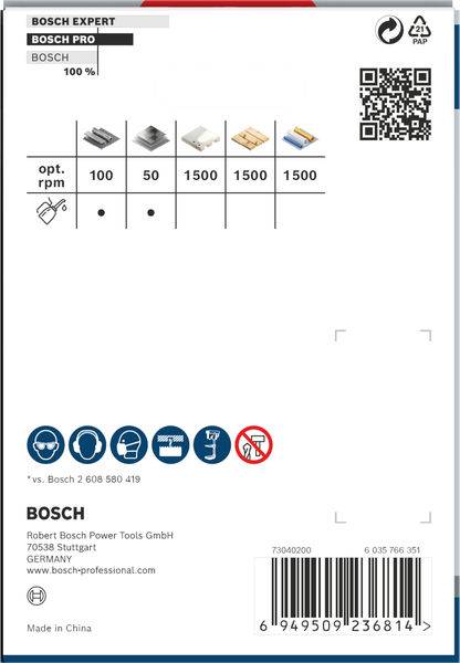 Verpackung eines Bosch Schneidewerkzeugs, zeigt Symbole für geeignete Materialien und empfohlene Umdrehungen pro Minute (50–1500).