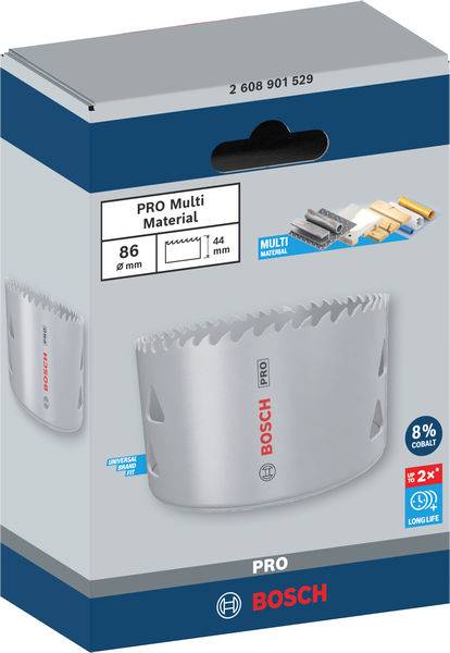 Eine Bosch Lochsäge für Multi-Material, Durchmesser 86 mm, Schnitttiefe 44 mm. Verpackung zeigt Sägeblatt mit Produktdetails.